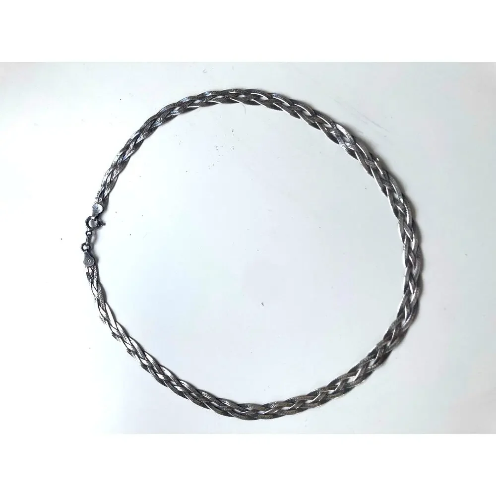 Vintage 90s Quiet Luxury Liquid Silver Woven Braided Herringbone Chain Necklace